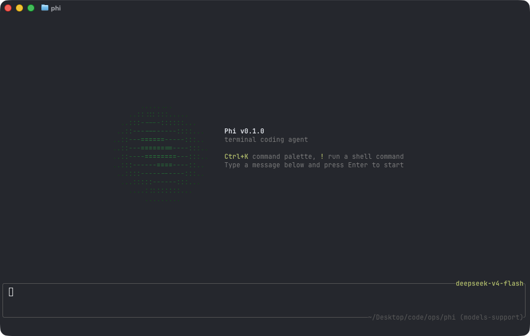 phi welcome screen in the terminal